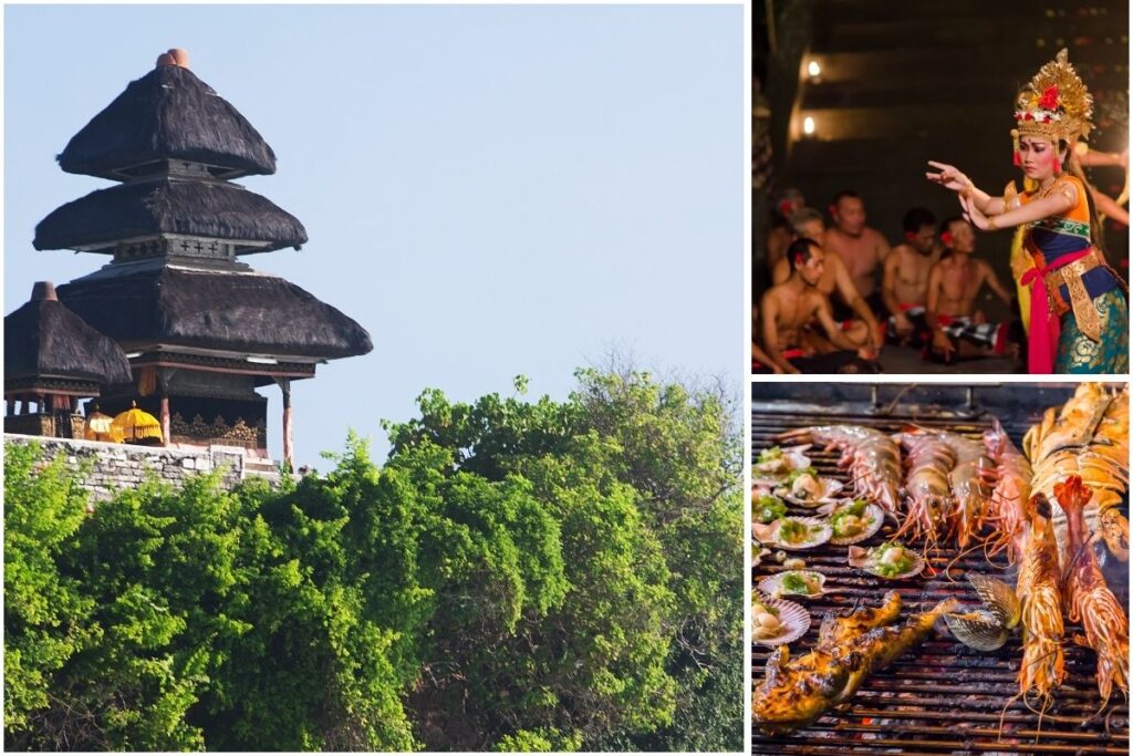 Arrival & Southern Bali Wonders. Your Bali adventure begins,Let the ocean breeze and Balinese culture welcome you to paradise Start your Bali adventure with a warm airport pickup and dive straight into the island’s southern magic. Explore the iconic Uluwatu Temple, perched dramatically on a seaside cliff, and witness the captivating Kecak Fire Dance at sunset. End the day with a romantic seafood dinner on Jimbaran Beach, a perfect introduction to Bali’s coastal charm.