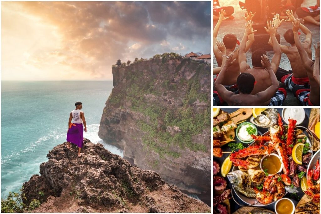 Uluwatu Sunset & Seafood Dinner
Land in paradise and dive straight into the magic of Bali.
Clifftop sunsets at Uluwatu, fiery Kecak Dance, and a dreamy seafood dinner by the ocean at Jimbaran.
Your Bali adventure begins with a warm welcome at Ngurah Rai International Airport. After a comfortable transfer to your hotel, your journey starts in the late afternoon as we head to the iconic Uluwatu Temple, perched dramatically on a cliff overlooking the Indian Ocean. As the sun sets, enjoy the magical Kecak Fire Dance performance—a mesmerizing cultural show performed by local dancers with rhythmic chants.
Your evening continues with a delightful seafood dinner on the beach at Jimbaran, known for its fresh catch and romantic seaside setting. After dinner, we’ll transfer you back to your hotel for check-in and rest.