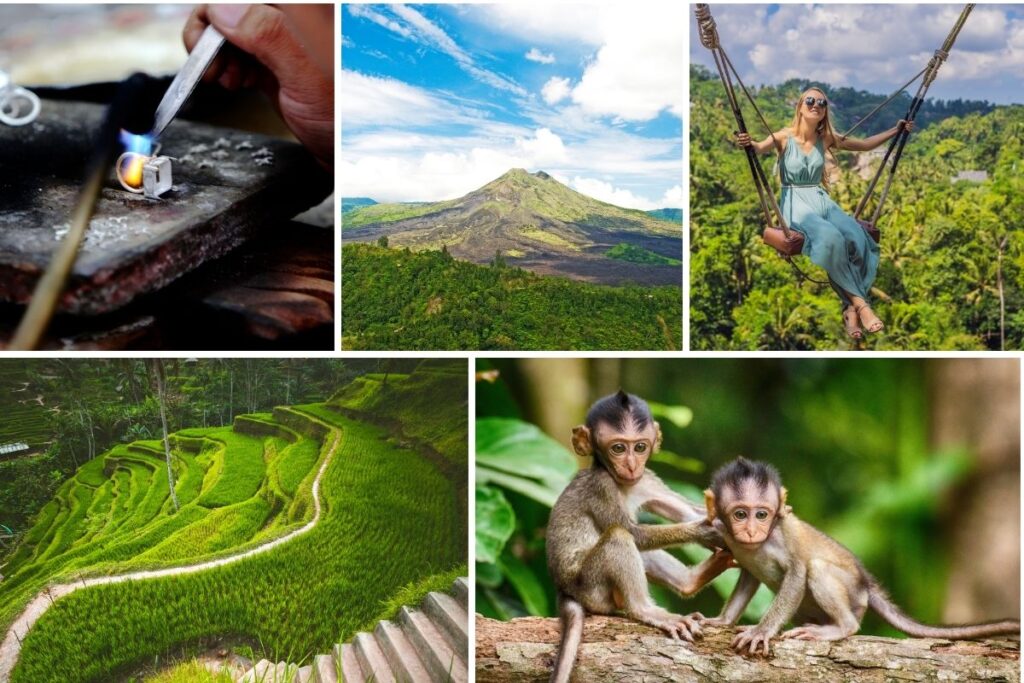 Cultural Wonders & Scenic Highlands
Discover artisan villages, volcano views & the magic of Ubud
After breakfast, begin your day with a visit to Celuk Village, famous for its skilled artisans crafting gold and silver jewelry. Next, enjoy a scenic drive to the highlands of Kintamani, where you’ll have a panoramic view of Mount Batur and its serene crater lake.Your adventure continues at a nearby coffee plantation and Bali Swing, where you can sample freshly brewed Luwak coffee and take Instagram-worthy photos soaring above the jungle. Enjoy a delicious lunch in Ubud before exploring the lush beauty of Tegalalang Rice Terrace, with its iconic green steps of terraced paddies.The last stop is the Ubud Monkey Forest, a peaceful sanctuary home to hundreds of long-tailed macaques and ancient temple ruins surrounded by towering banyan trees. Return to your hotel in the evening with a heart full of cultural and natural wonders.